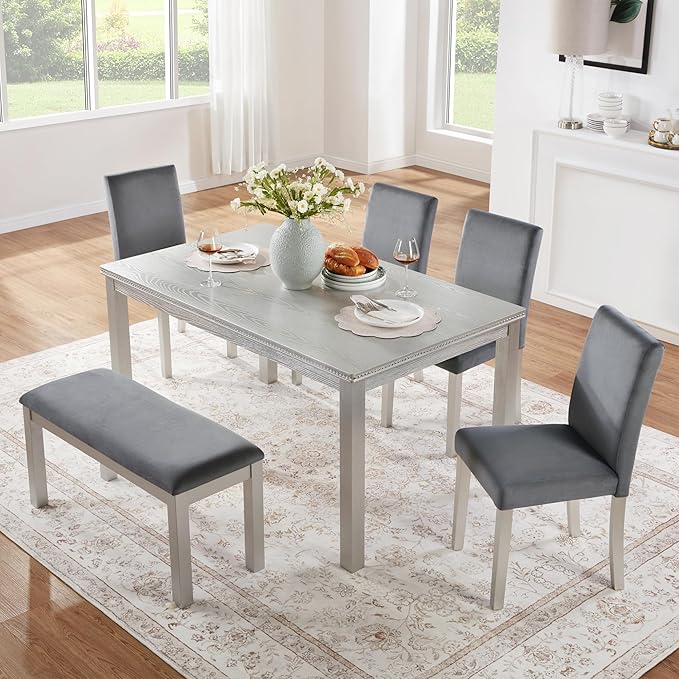 soges 6 Piece Wooden Dining Table Set, Wooden Dining Table with 4 Upholstered Chairs and Bench for 6 People, Rectangular Dining Table Set with Crystal Decoration for Kitchen, Dining Room, Silver Grey