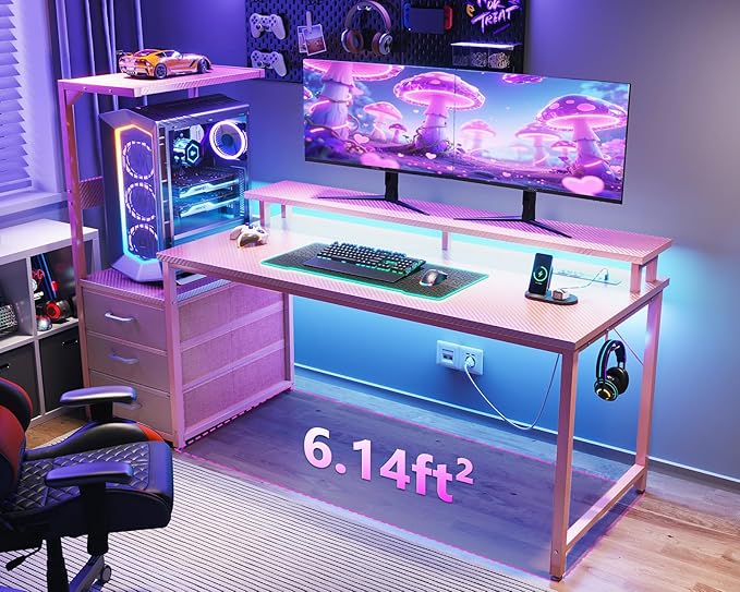 AODK 59 Inch Gaming Desk with USB Charging Ports & LED Light- Reversible Computer Desk with Storage Shelves & Monitor Stand, Modern Gamer Desk Table with Fabric Drawers & Side Hook, Carbon Fiber Pink