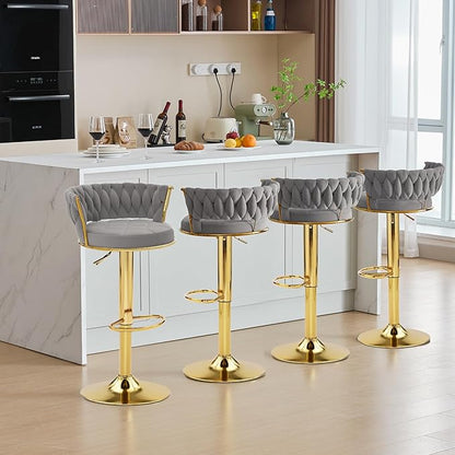 VECELO Bar Stools Set of 4, Adjustable Barstools Counter Height Stools with Back and Arm, Velvet Woven Kitchen Island Stools w/Gold Metal Leg & Base, 360° Swivel Bar Chair, Light Grey