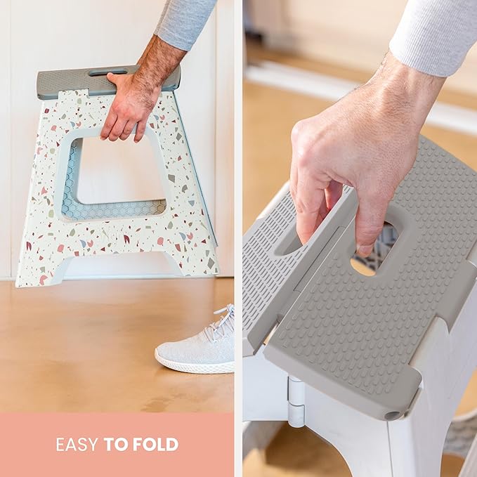 Vigar Compact Step Stool Foldable, 12-1/2-inch Step Stools for Adults up to 330 Pound, Lightweight Stool, Non-Slip Folding Step Stool, Grey Terrazo Pattern
