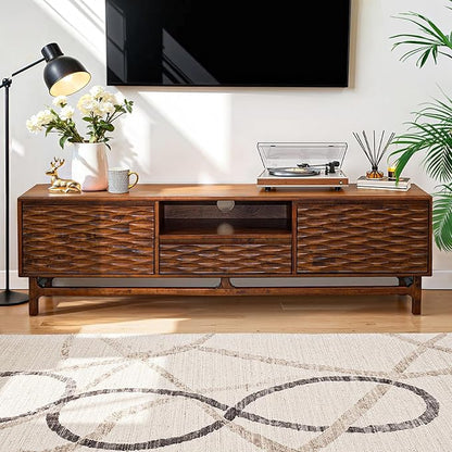 Acacia Elara Wood TV Stand for TVs up to 75+ Inch Entertainment Center with Storage Shelves and Cable Management, Mid Century Modern TV Media Console Wood TV Stands for Living Room Bedroom, Walnut