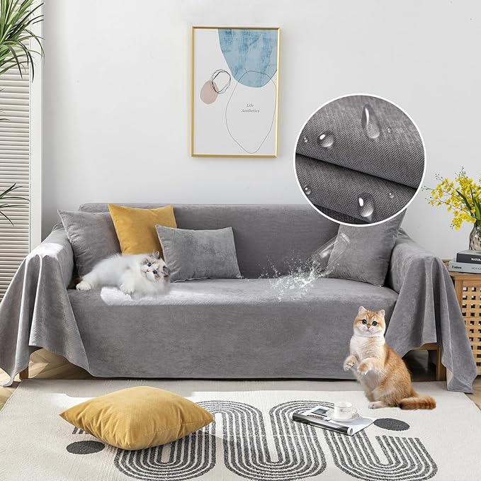 STACYPIK Thick Waterproof Grey Sofa Cover Couch Cover, Anti Slip Loveseat Covers for 2 Cushion Couch, Anti-Cat Scratch Couch Protector Sofa Slipcover, Multi-Use Leakproof Furniture Protector-71X102IIN