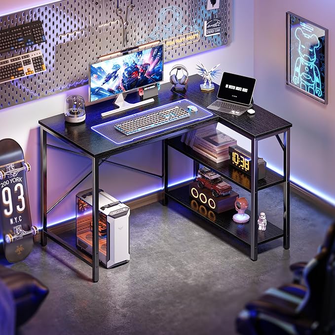 Huuger L Shaped Desk, 39 Inches Computer Desk with Reversible Storage Shelves, Gaming Desk, for Corner Home Office Writing Study, Metal Frame, Black