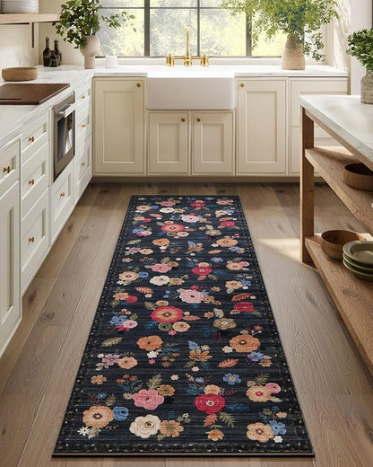 Machine Washable Runner Rug for Hallway: 2'6"x8' Kitchen Runner Rugs with Rubber Backing Non Slip Stain Resistant Floral Floor Rug Soft Carpet Runners for Indoor Entryway Bedroom Bedside Living Room