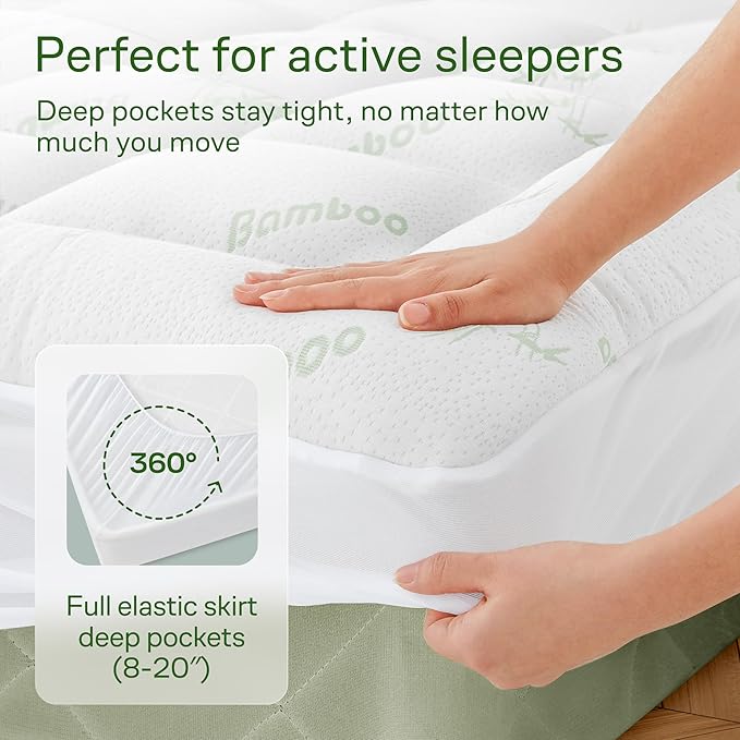 Ultra Soft Queen Size Mattress Topper - Viscose Made from Bamboo Pillow Top Mattress Pad for Back Pain Relief - Naturally Cooling for Hot Sleepers, Green