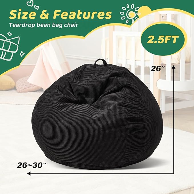 Bean Bag Chairs Teardrop Bean Bag Chair Beanbag Chair with Memory Foam Filled Machine Washable Cover for Living Room, Bedroom (Small,Black)