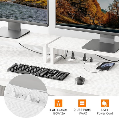 Furologee 47" Computer Desk with File Cabinet and Power Outlets, Home Office Desk with 2 Monitor Stands and Storage Drawer, Writing Gaming Table with Shelves and 2 Hooks for Bedroom, White