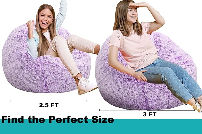 Fluffy Bean Bag Chair, 3FT Round Memory Foam Filled Bean Bag for Teens & Kids, Ultra Soft Faux Fur Fabric Bean Bag Chairs for Playroom, Living Room, Bedroom, Lavender