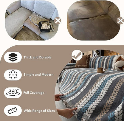 STACYPIK Boho Jacquard Leaves Sofa Cover, Blue Geometric Couch Cover for Dog, Washable Furniture Protector for 3 Cushion Couch, Non Slip Sectional Cover for Loveseat, L Shape Sofa Slipcovers-71X150IN