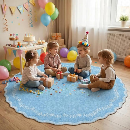 GarveeHome Round Area Rugs 6ft for Bedroom, Solid Blue Washable Circle Rug Soft Non Slip Floral Print Floor Mat Leaves Carpet Indoor Thin Rug for Living Room Dining Room Playroom Nursery