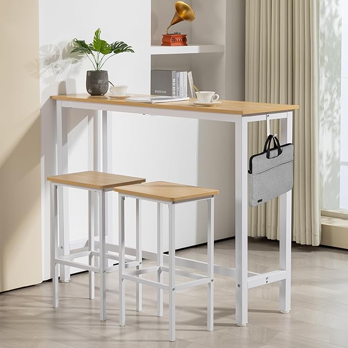 Finnhomy 52.7" Industrial Bar Table Set with 2 Stools - Counter Height Dining & Pub Table for Small Spaces, Kitchen, Apartment, Breakfast - Metal & Wood, Space-Saving Furniture - Oak Beige and White