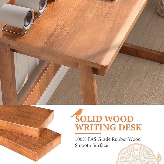 100% Solid Wood Writing Desk - Mid Century Modern Desk, Home Office Desks with Drawers, Walnut Vintage Desks, Laptop Computer Work Study Table for Bedroom, Living Room & Office