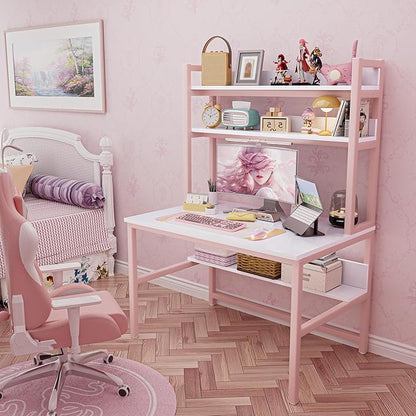 Aquzee Pink Desk with Hutch for Girls, 47in Computer Desk with Bookshelf for Teens Adults, Craft Table for Bedroom Kids Room, White Pink Study Table with Shelves for Storage