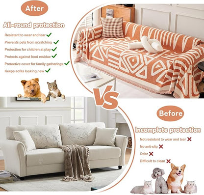 HANDONTIME Orange Sofa Cover for 3 Cushion Couch - Soft Chenille Loveseat Cover for Dogs - Boho Throw Cover Pet Furniture Protector - Thick Washable, 91" X118"