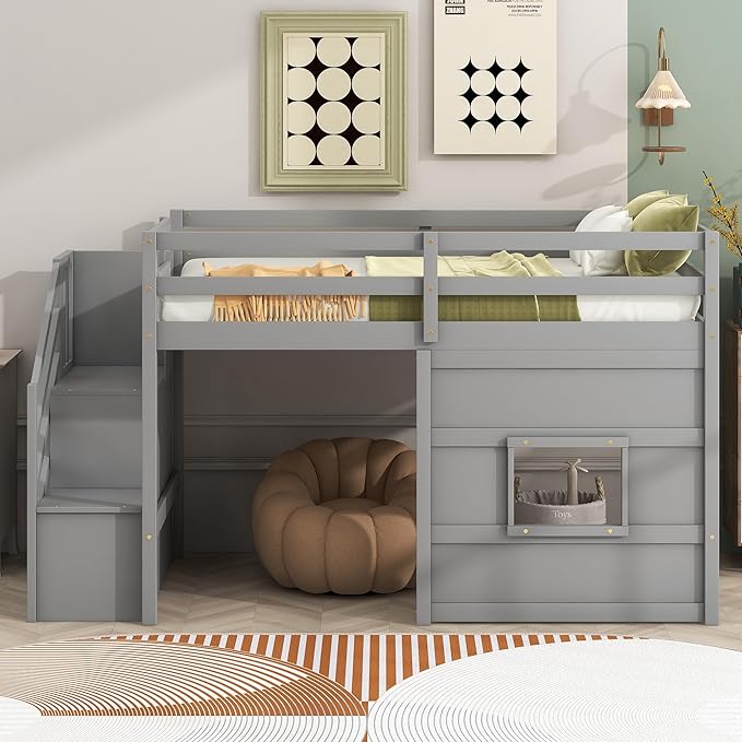 Twin Size Loft Bed with Storage Staircase and Window,Wood Twin Loft Bunk Bedframe with Full-Length Guardrail and Sturdy Slat Support, No Noise,No Box Spring Needed,for Kids,Teens,Boys,Girls,Gray