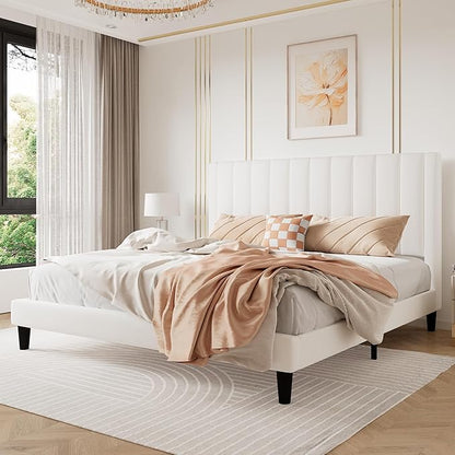 SHA CERLIN King Bed Frame/Velvet Upholstered Platform Bed Frame with Headboard/Strong Wood Slats Support/Mattress Foundation/No Box Spring Needed/Easy Assembly/White