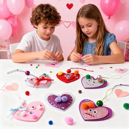 JOYIN Valentines Day 264 Pcs DIY Heart Felt Craft Set, Felt & Glitter Hearts & Wooden Beads & Plastic Eyes & Colorful Paper Ropes for Valentine's Day Kids Craft Party Classroom Ornaments Decorations