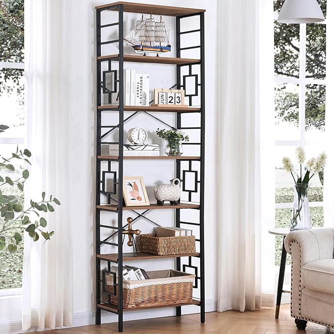 HOMISSUE Tall Bookshelf, 84 Inch Industrial Bookshelf with Metal Frame and Open Shelves, 7 Tier Metal Bookshelves and Bookcases, Rustic Tall Book Shelf for Office, Living Room and Bedroom, Brown