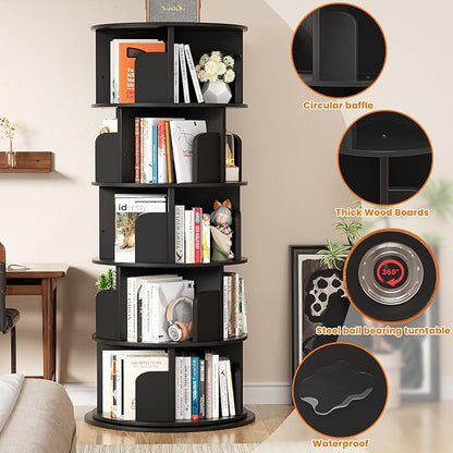 Rotating Bookshelf Tower, 5 Tier Spinning Bookcase, Revolving 360 Book Shelf Narrow Tall Bookcase, Vertical Turning Round Bookshelf Organizer, Wood Corner Book Shelf for Small Space, Black