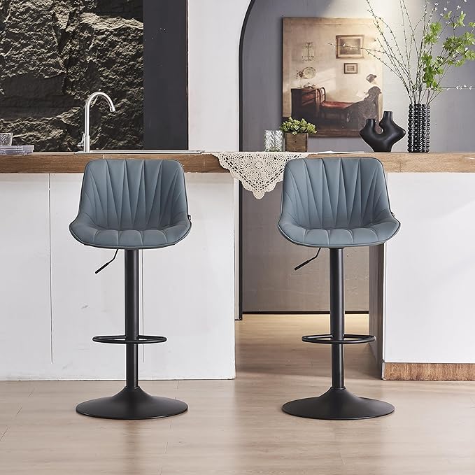 YOUNIKE Bar Stools Set of 2 for Kitchen Island, Greyblue Swivel Tall Barstools, Adjustable Bar Stool with Back, Leather Padded Bar Chairs, Modern Counter Height Stools with 300LBS Support