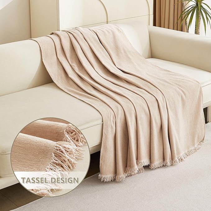 MYSKY HOME Khaki Sectional Sofa Covers Chenille Couch Cover for Dogs Solid Sofa Cover for 3 Cushion Couch Washable Couch Covers with Tassel Edge L Shape Sofa Throw Large Sofa Slipcover, 91" X134"