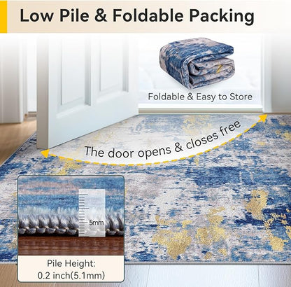 Washable Area Rugs 2'6'' x12 Non-Slip Modern Abstract Soft for Living Room Entryway Bedroom Nursery, Print Pattern, Grey Blue Gold/Golden