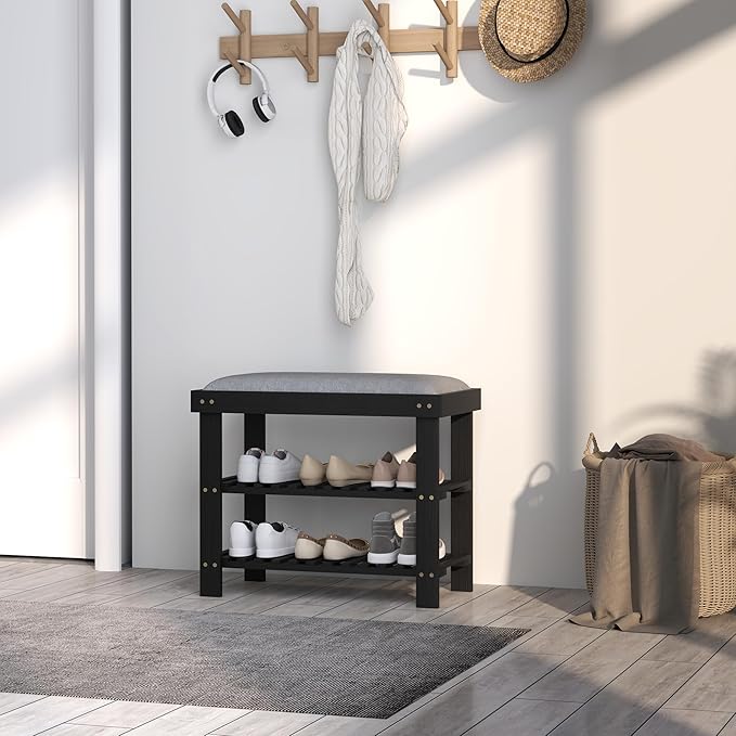 HOMCOM Bamboo Shoe Bench, 3-Tier Entryway Bench with Storage and Cushion, Shoe Organizer for Entryway, Hallway, Holds Up to 331 lbs, 23.6 x 11.4 x 19.3 Inches, Black