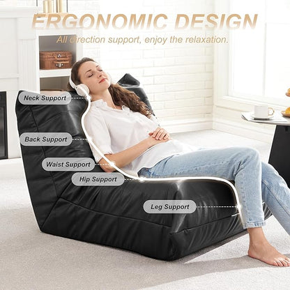 Hobestluk Giant Bean Bag Chair Lazy Floor Sofa, Memory Foam Fireside Sofa for Adults, Big Beanbag Faux Leather Armless Chair for Living Room Bedroom Dorm Office (Black, Single)