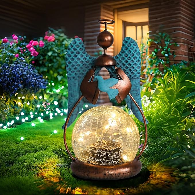 MUMTOP Angel Solar Lights Outdoor Garden - Solar Lanterns Light Decorative Waterproof with Glass Cracked Globe Tabletop Lantern Lamp Ornaments for Yard Patio Decor Gift (Hold Dove)