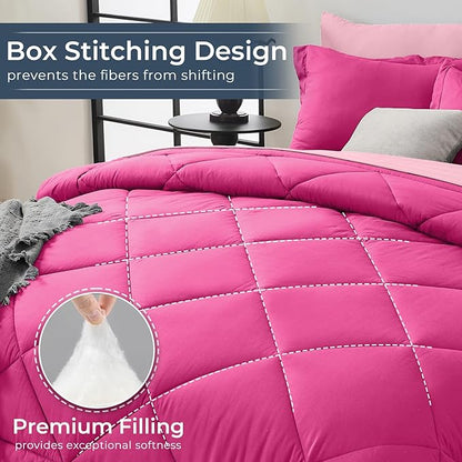 HEVUMYI Hot Pink & Baby Pink Queen Comforter Set - 7-Piece All Season Bed in a Bag Queen, Ultra Soft Bedding Set with Comforter, Flat Sheet, Fitted Sheet, Pillowcases, Pillow Shams