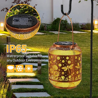 2 Pack Solar Lanterns Outdoor Waterproof Dragonfly Garden Decor Birthday Gifts for Women Mom Grandma Hanging Solar Lights Metal Decoration Outside for Yard, Patio, Backyard, Porch,Pathway