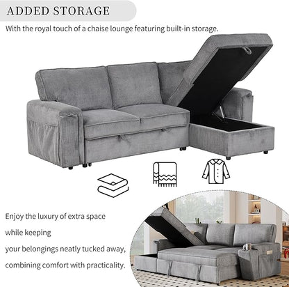 96.1 Inch L-Shaped Convertible Sectional Sleeper Sofa with Pull Out Bed, Storage Bags and 2 Hidden Cup Holders on Arms, Upholstered Corner Couch for Living Room Office Apartment, Gray