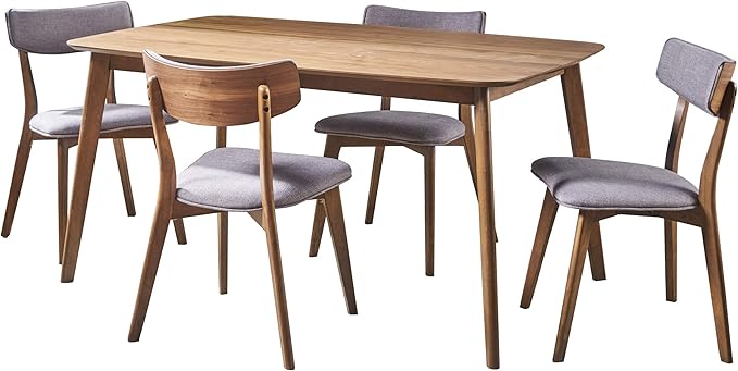 Christopher Knight Home Alma Mid-Century Wood Dining Set with Fabric Chairs, 5-Pcs Set, Natural Walnut / Dark Grey