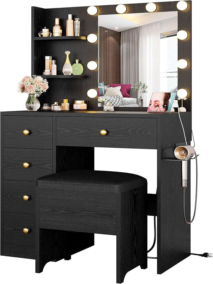 IRONCK Vanity Desk with Mirror and Lights, Small Makeup Vanity Table with 5 Drawers, Power Outlet, and Vanity Stool, 3 Lighting Colors, Dressing Table for Women Girls Bedroom, Black