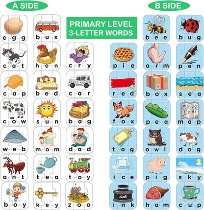 80 Words Self-Correcting Spelling Puzzles, Double-Sided Three and Four Letter Words with Matching Images, Perfect for Kids Age 3+ Year Old