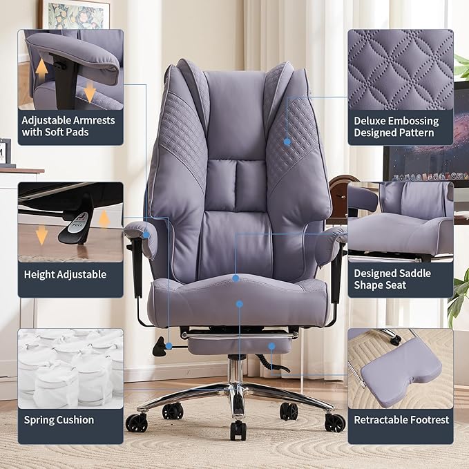 Big and Tall Office Chair 400lbs Wide Seat, Leather High Back Executive Office Chair with Foot Rest, Ergonomic Chairs Lumbar Support for Lower Back Pain Relief (Light Purple)
