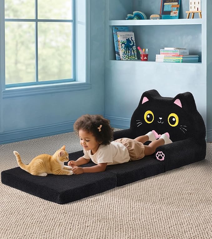 Kids Couch, 2-in-1 Soft Toddler Couch Fold Out with Blanket, Chair Comfy, Foldable Convertible Plush Sofa to Lounger, Gifts for Kids Girl Boys, Black Kitty