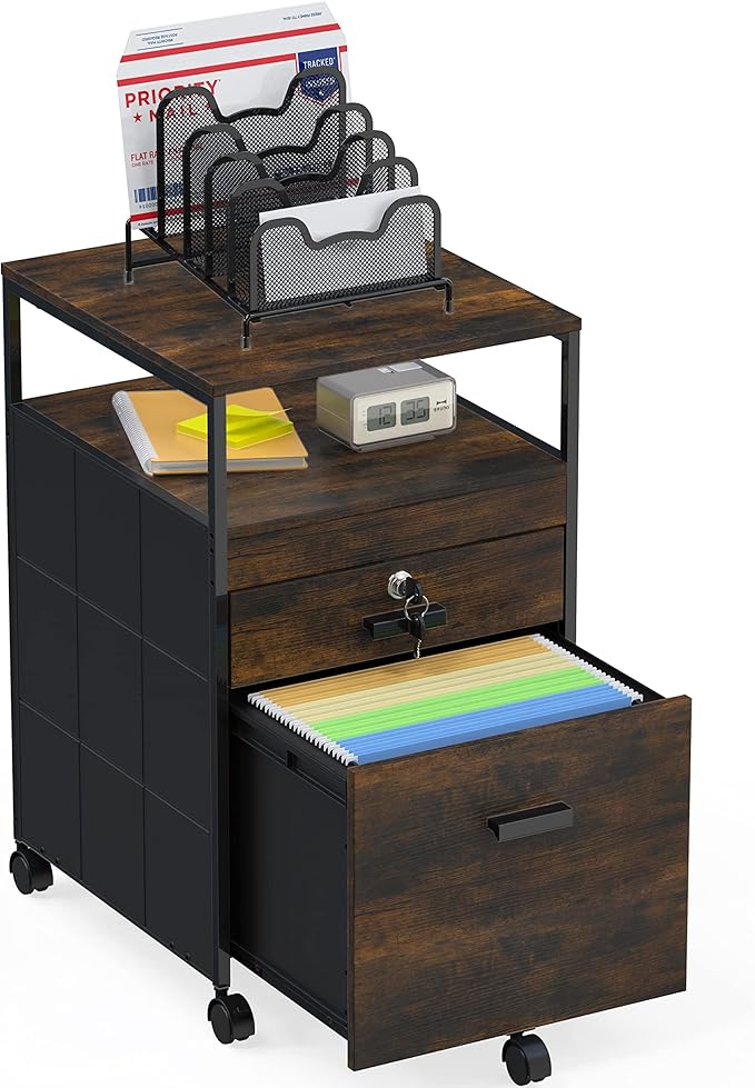 SHW Box File Rolling Mobile Cabinet with Open Shelf and Lockable Drawer, Rustic Brown