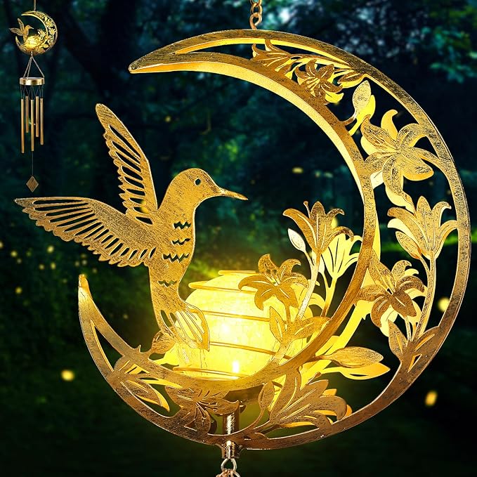 Moon Hummingbird Wind Chime Outdoor, Handcrafted Metal Garden Wind Chimes with Hummingbird Charms, Melodic Wind Bells for Patio Porch Decor, Weatherproof Gift for Nature Lovers & Bird Watchers