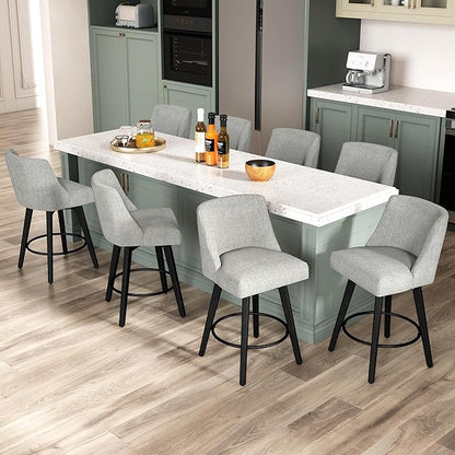Counter Height Bar Stools Set of 8, Modern Swivel Barstools with Back and Wood Legs, Linen Fabric Upholstered Bar Chairs, 26" H Kitchen Counter Stools, Kitchen Island Home Bar, Light Grey