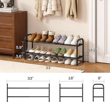 Shoe Rack for Closet, Black 2-Tier Expandable Closet Shoe Rack Metal Organizer, Heavy Duty Shoe Storage Shelf for Entryway, Doorway, Narrow Space