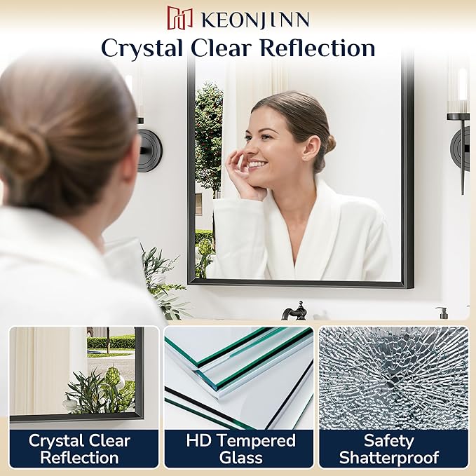 Keonjinn 24 x 36 Inch Black Bathroom Mirrors for Over Sink, Beveled Rectangle Framed Mirror for Wall, Black Bathroom Vanity Mirror, Square Corner, Tempered Glass, Farmhouse Style