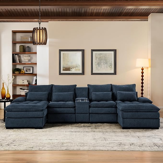 130" U-Shaped Sectional Sofa with Storage Console & Cup Holders, Upholstered 6 Seat Living Room Sleeper Couch Furniture Set w/Chaise, Cloud Cushion Couch for Home, Office, Apartment,Blue