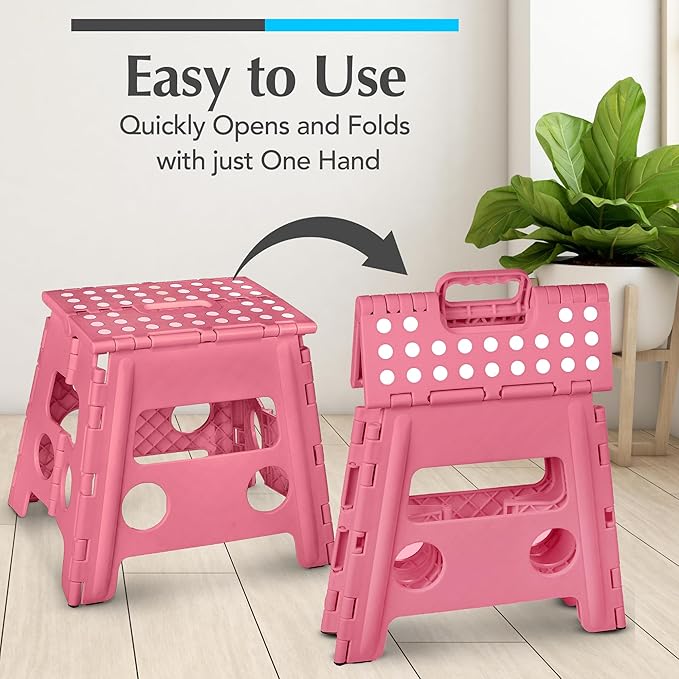 Handy Laundry Folding Lightweight Step Stool - Sturdy Enough to Support Adults and Safe Enough for Kids - Opens Easy with One Flip - Great for Kitchen, Bathroom or Bedroom (Pink - 13 inch)