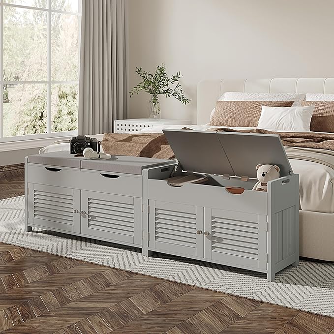 ChooChoo Shoe Storage Bench with Lift Top Storage, Entryway Bench with 2 Cushioned Seats, 3 Compartments, Adjustable Shelf, Shoe Cabinet for Entryway, Bedroom, Living Room, Grey