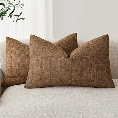 Foindtower Set of 2 Decorative Linen Check Throw Pillow Covers Neutral Farmhouse Lumbar Cushion Covers Modern Boho Home Decor for Sofa Chair Couch Bedroom Living Room Outdoor,12×20 Inch,Brown Hazel