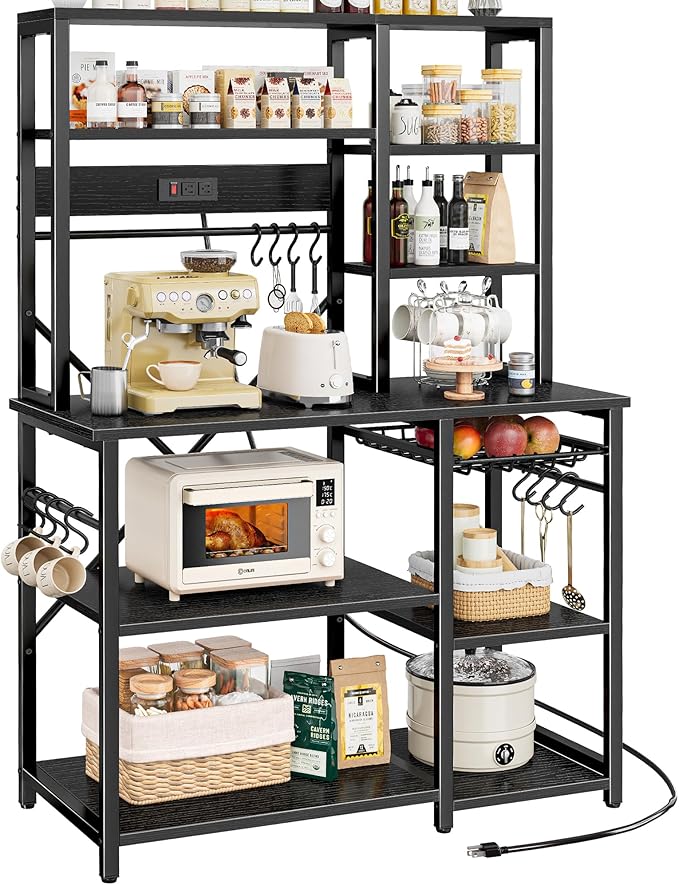 SUPERJARE Large Bakers Rack with Power Outlets, 6-Tier Microwave Stand, Coffee Bar with 12 S-Shaped Hooks, Kitchen Shelf with Wire Basket, 39.3 x 15.5 x 66.9 Inches, Black