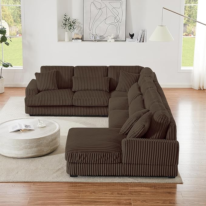 129" Oversized U Shaped Modular Sectional Sofa Couch for Living Room 7 Seater Plush Corduroy Upholstered Large Sofa Deep Seat Cloud Couch with Extra Wide Chaise Lounge and Detachable Thick Cushions