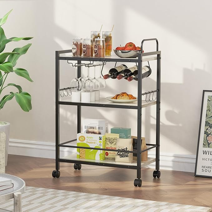 Home Bar Serving Cart, Serving Cart with Wheels and Handle, 3 Tier Rolling Kitchen Cart, MicrowaveCart, Beverage Cart with Wine Holder and Glass Holders, for Dinning Room, Living Room, Kitchen,Greige