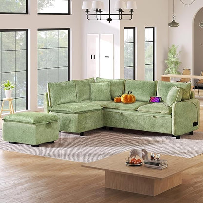 Ball & Cast 82.67" L-Shaped Sectional Pull Out Sofa with Two USB Ports,4-Seater Convertible Couch w/Power Sockets and Movable Storage Ottoman,for Living Room,Apartment,Green